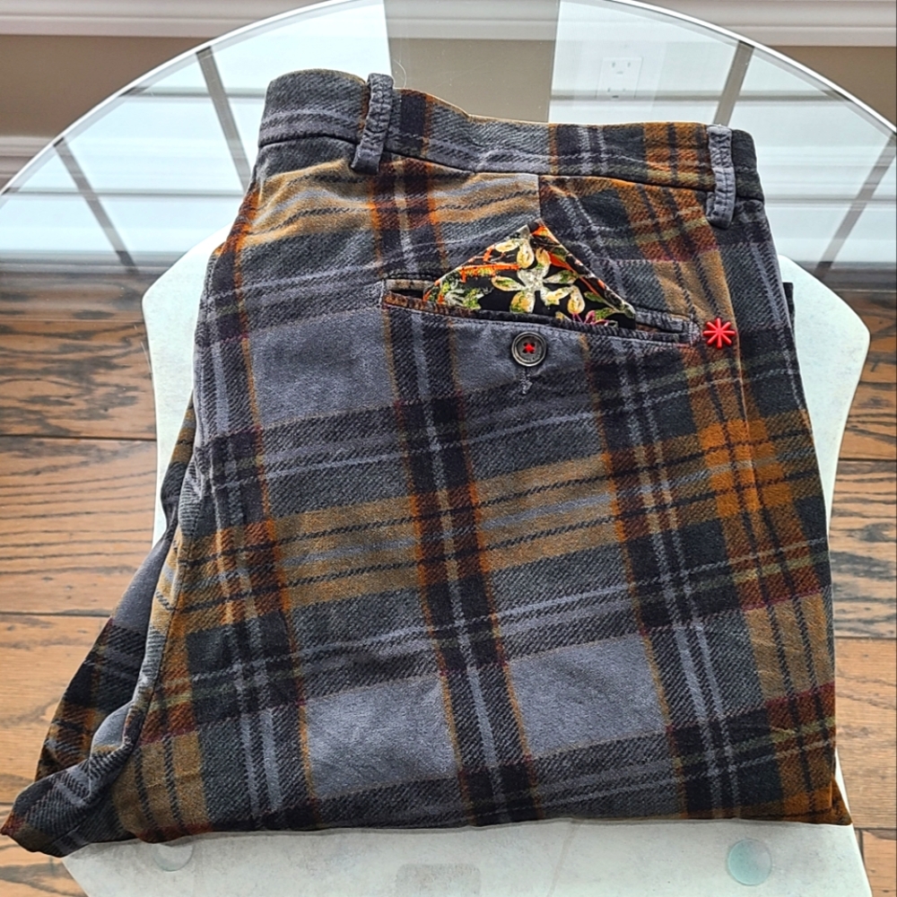 MANUEL RITZ Velvet Plaid - Fits 40" Waist, Grey/Brown
